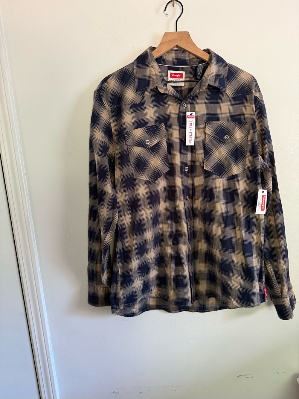 Wrangler Navy and Tan Plaid Long-Sleeve Button-Up Shirt